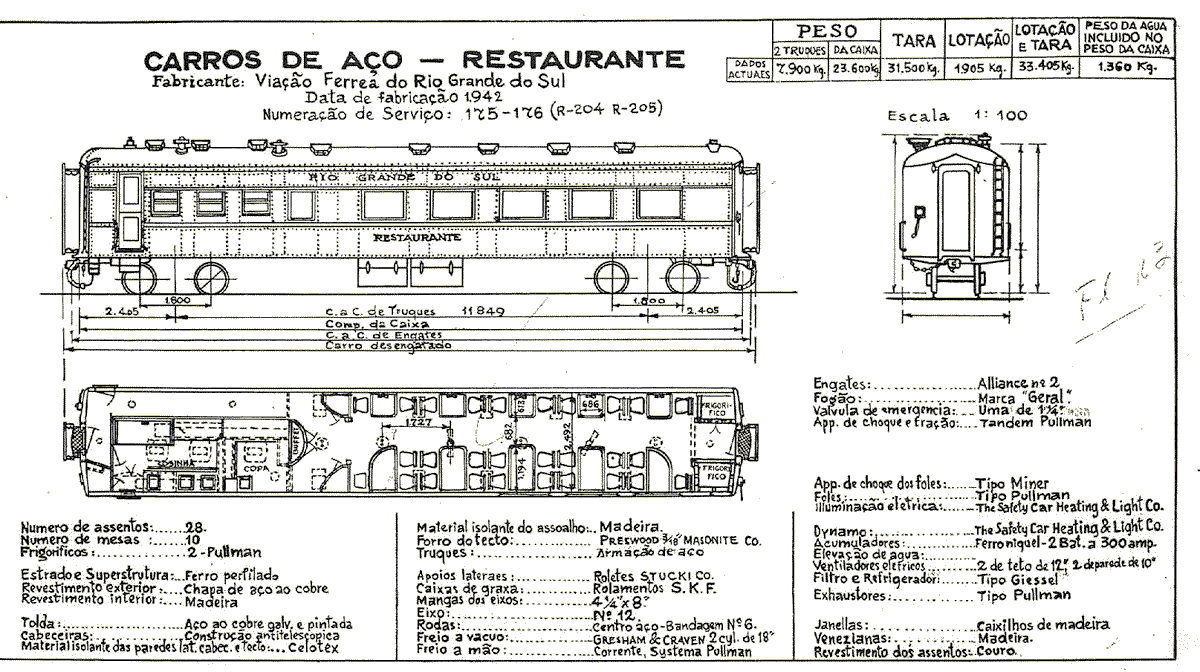 Desenho os Vagões Restaurante nº 175 a 176 - medidas e especificações