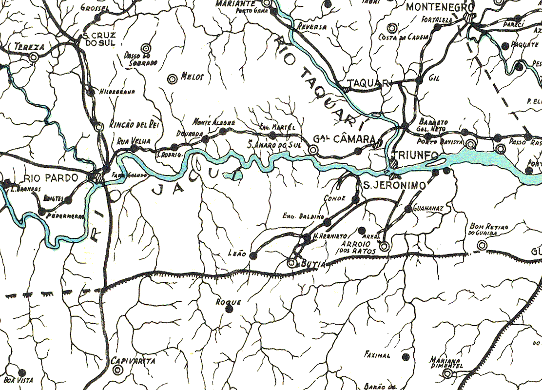 Mapa hidroviário com a localização das minas de carvão de São Jerônimo e suas ferrovias