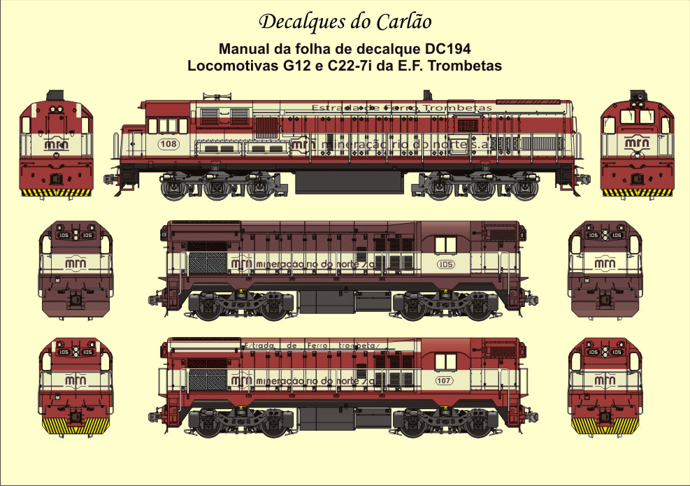 Folha de instruções dos decalques para ferreomodelos de locomotivas EF Trombetas / Mineração Rio do Norte