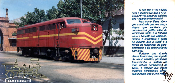 Locomotiva Alco FA1 no cartão de Natal da Frateschi em 1988