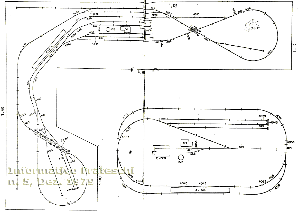 Diagramas dos trilhos para dois projetos de maquetes de ferreomodelismo, publicados no Informativo Frateschi do final de 1979