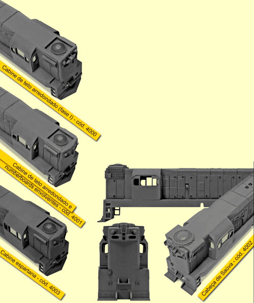 Detalhes das diferentes versões da miniatura de locomotiva G12 para maquetes de ferreomodelismo