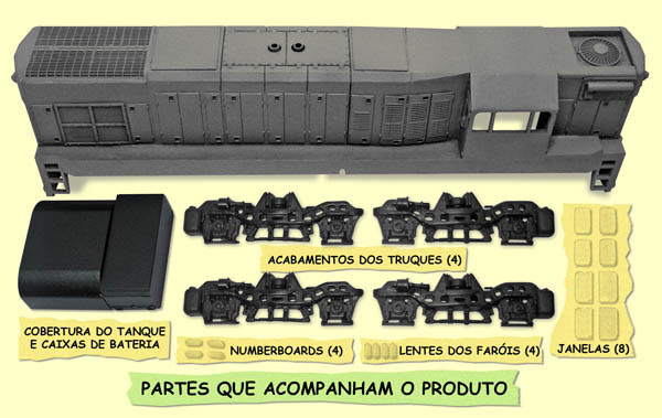 Casca e peças complementares do ferreomodelo de locomotiva G12, na versão "cabine espartana"