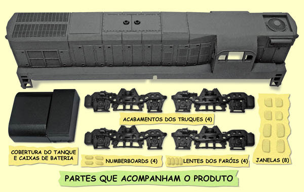 Casca e peças complementares do ferreomodelo de locomotiva G12, na versão "cabine arredondada"