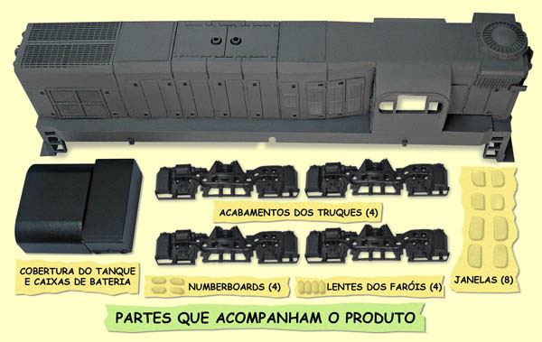 Casca e peças complementares do ferreomodelo de locomotiva G12, na versão "cabeça de saúva", da Ferrovias Paulistas - Fepasa