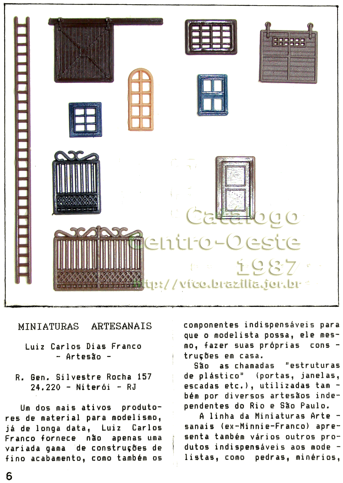 Estruturas decorativas para maquetes de ferreomodelismo, da Miniaturas Artesanais, na página 6 do Catálogo Centro-Oeste número 0, de 1987 