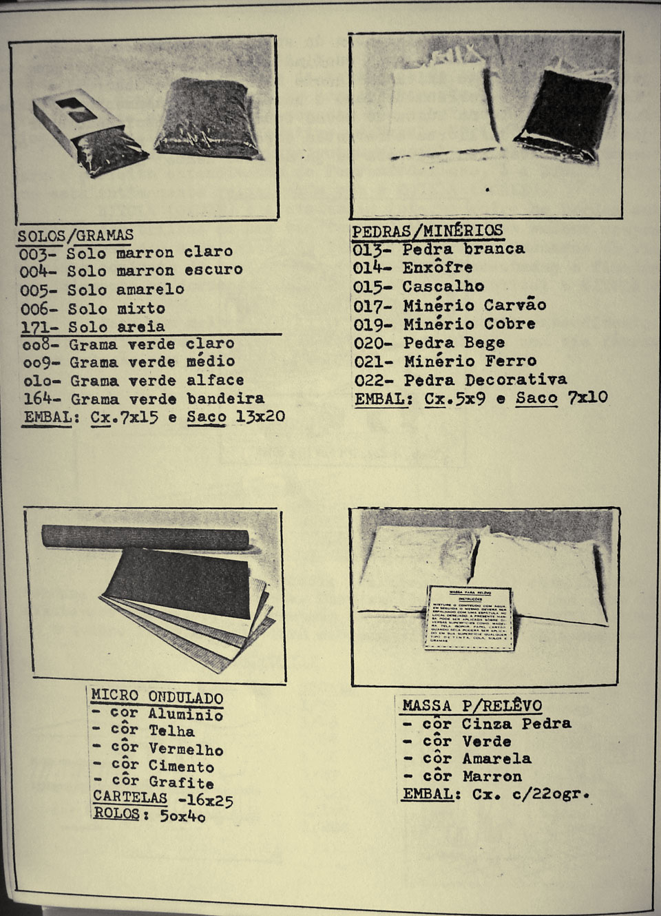 Na página 8 do catálogo da Miniaturas Artesanais, vários itens como grama, solos, pedras, papéis microondulados e massa para relevo em maquetes de ferreomodelismo