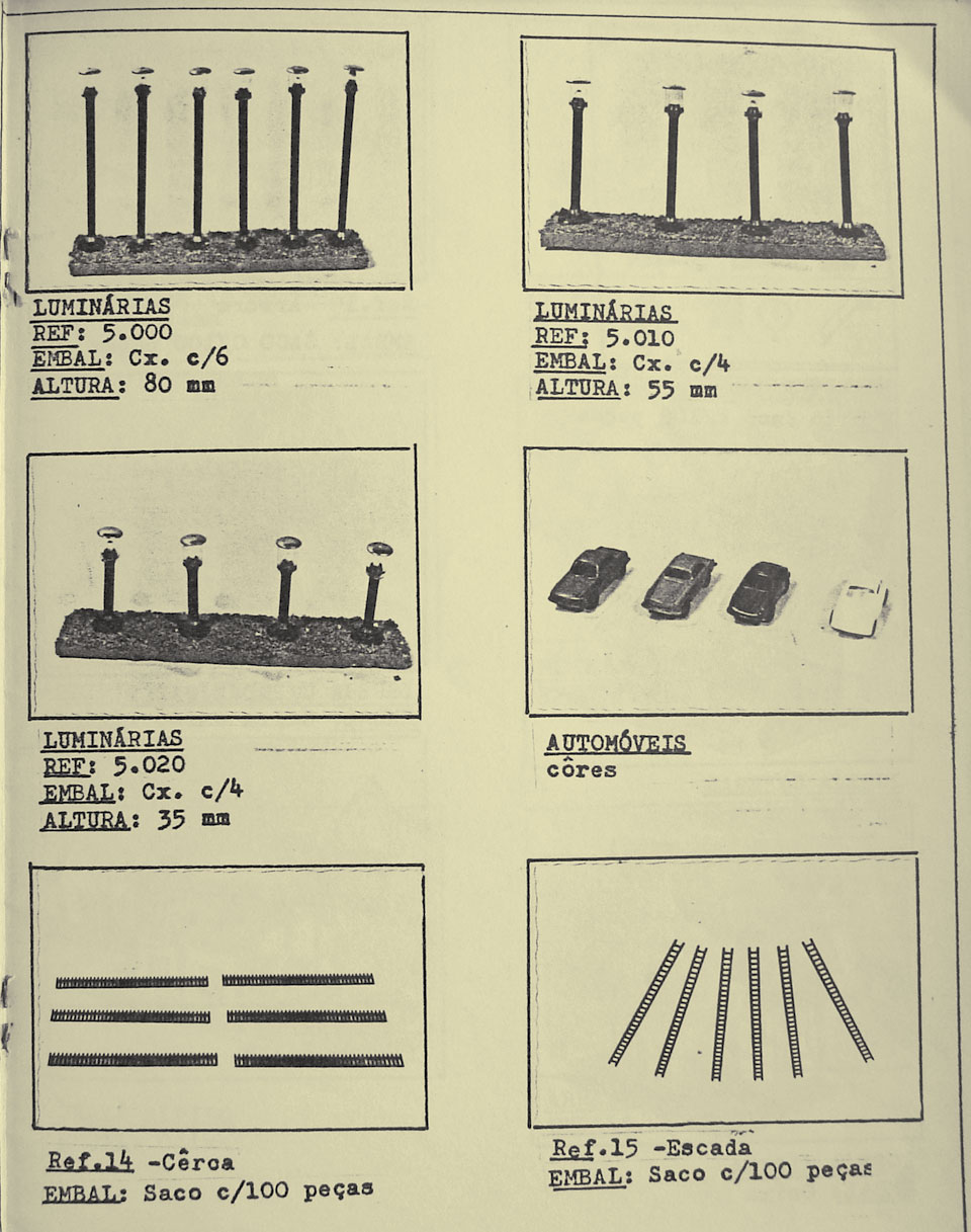 Página 11 do catálogo, com postes, automóveis, cercas e escadas para decoração de maquetes de ferreomodelismo