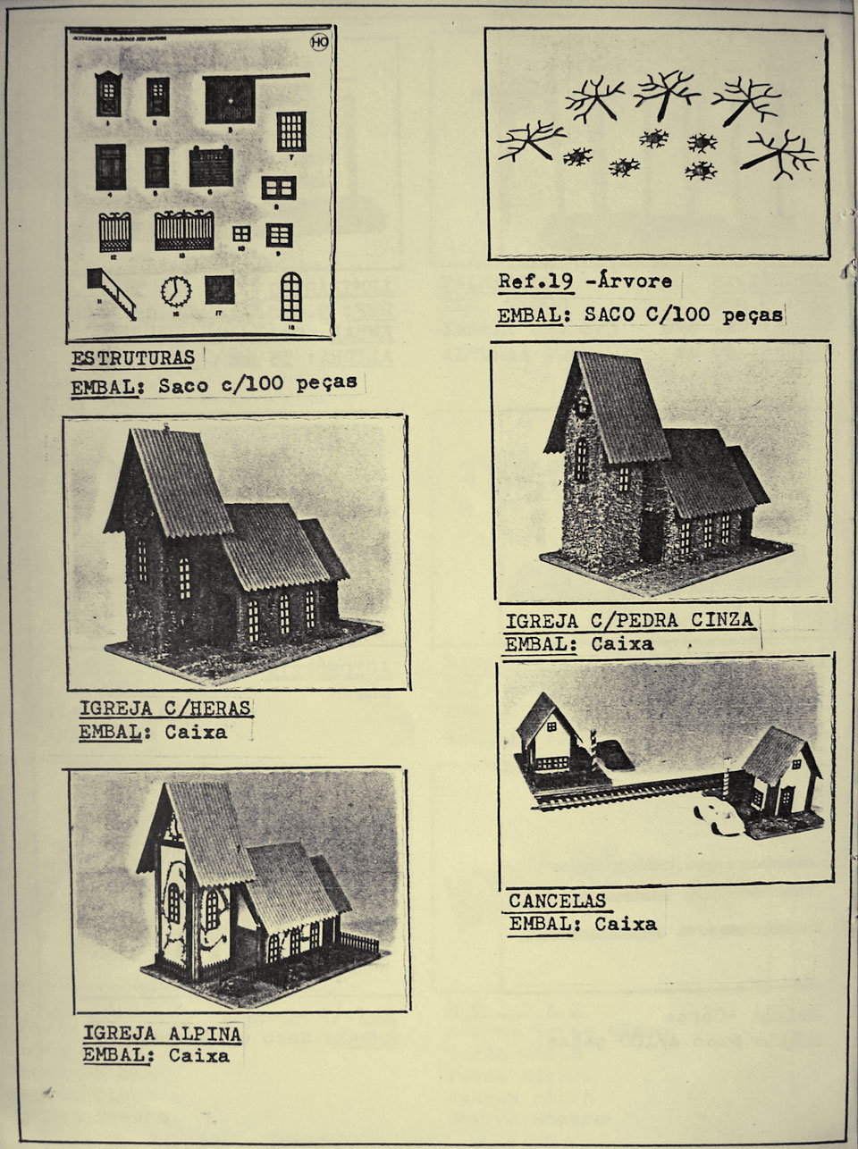 Página 12 do catálogo da Miniaturas Artesanais, apresentando as estruturas e construções para maquetes de ferreomodelismo