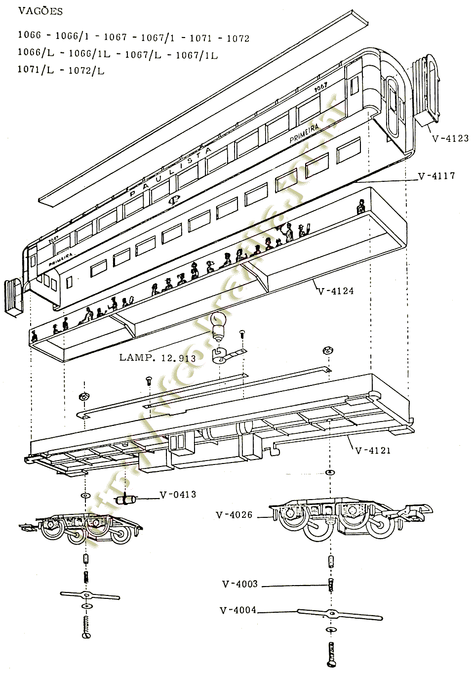 Diagrama de montagem e peças de reposição dos vagões de passageiros e restaurante do Trem Elétrico Atma