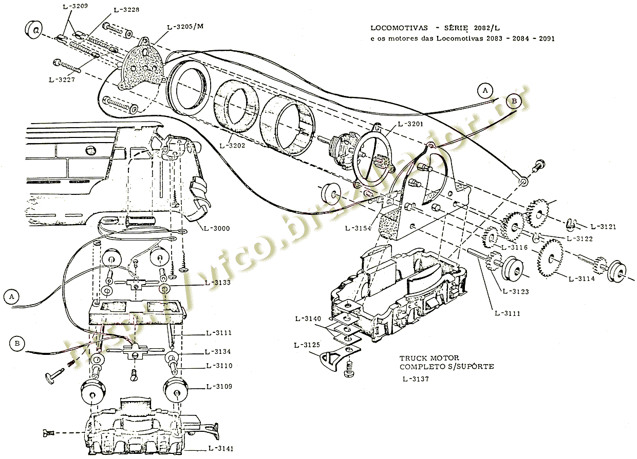 Diagrama de montagem e códigos das peças de reposição do truque motor das locomotivas F7 e manobreiras da Atma Trens Elétricos
