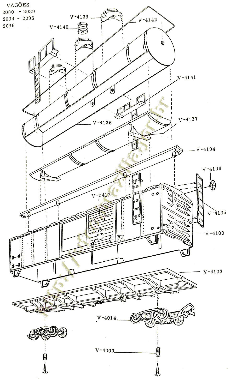 Diagramas de montagem dos vagões Box e Tanque "longos" Atma, com os códigos das peças de reposição