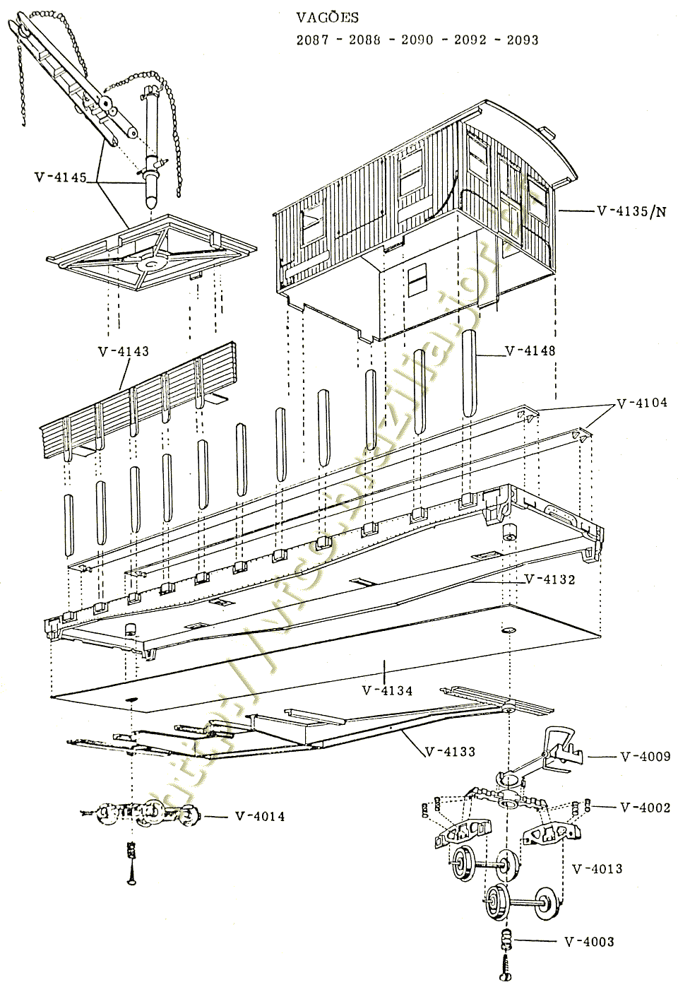 Diagrama de montagem e peças de reposição dos vagões prancha, caboose e guindaste "longos" Atma