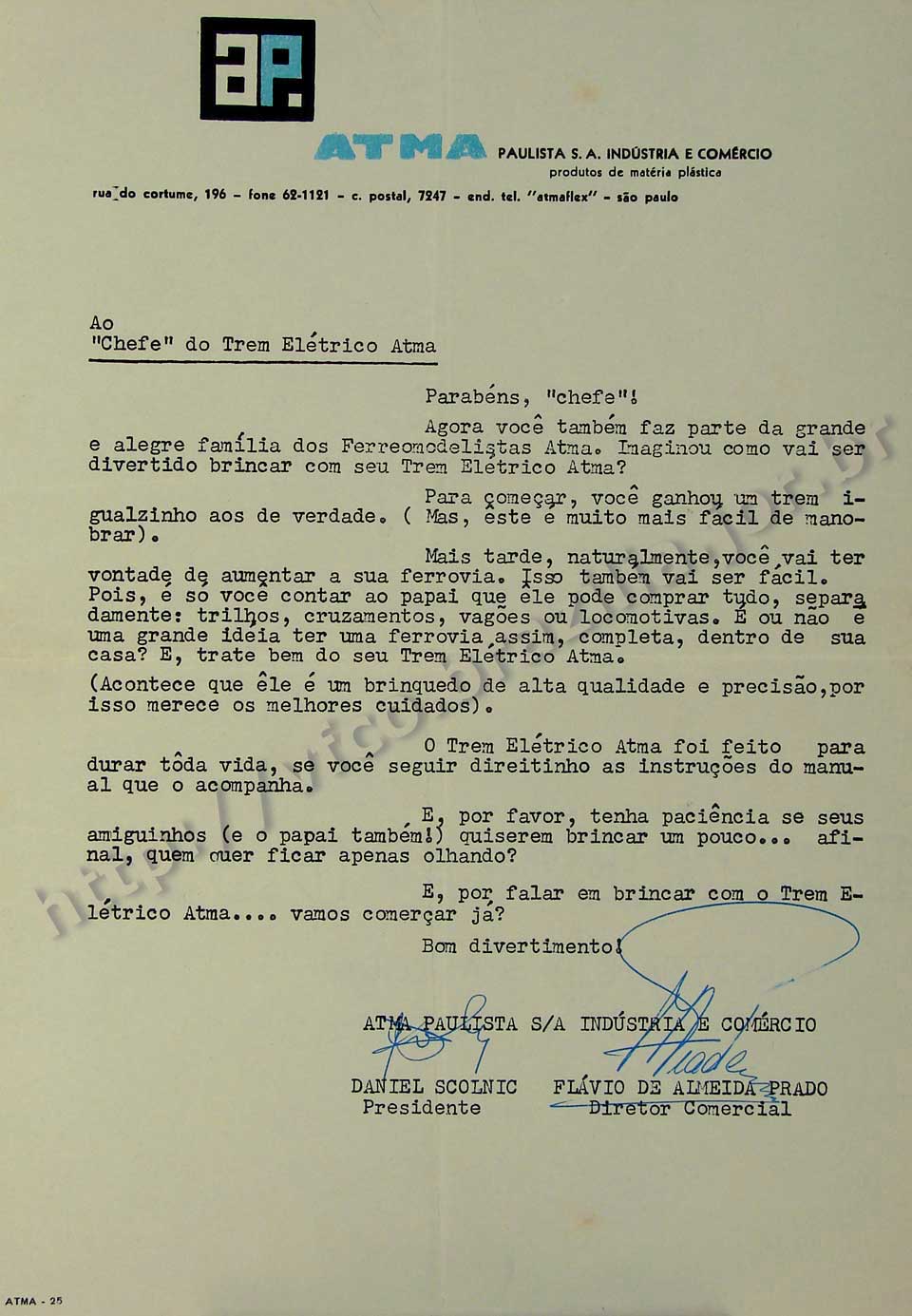 Carta do "chefe" do Trem Elétrico Atma, incluída na embalagem do conjunto inicial de ferreomodelismo