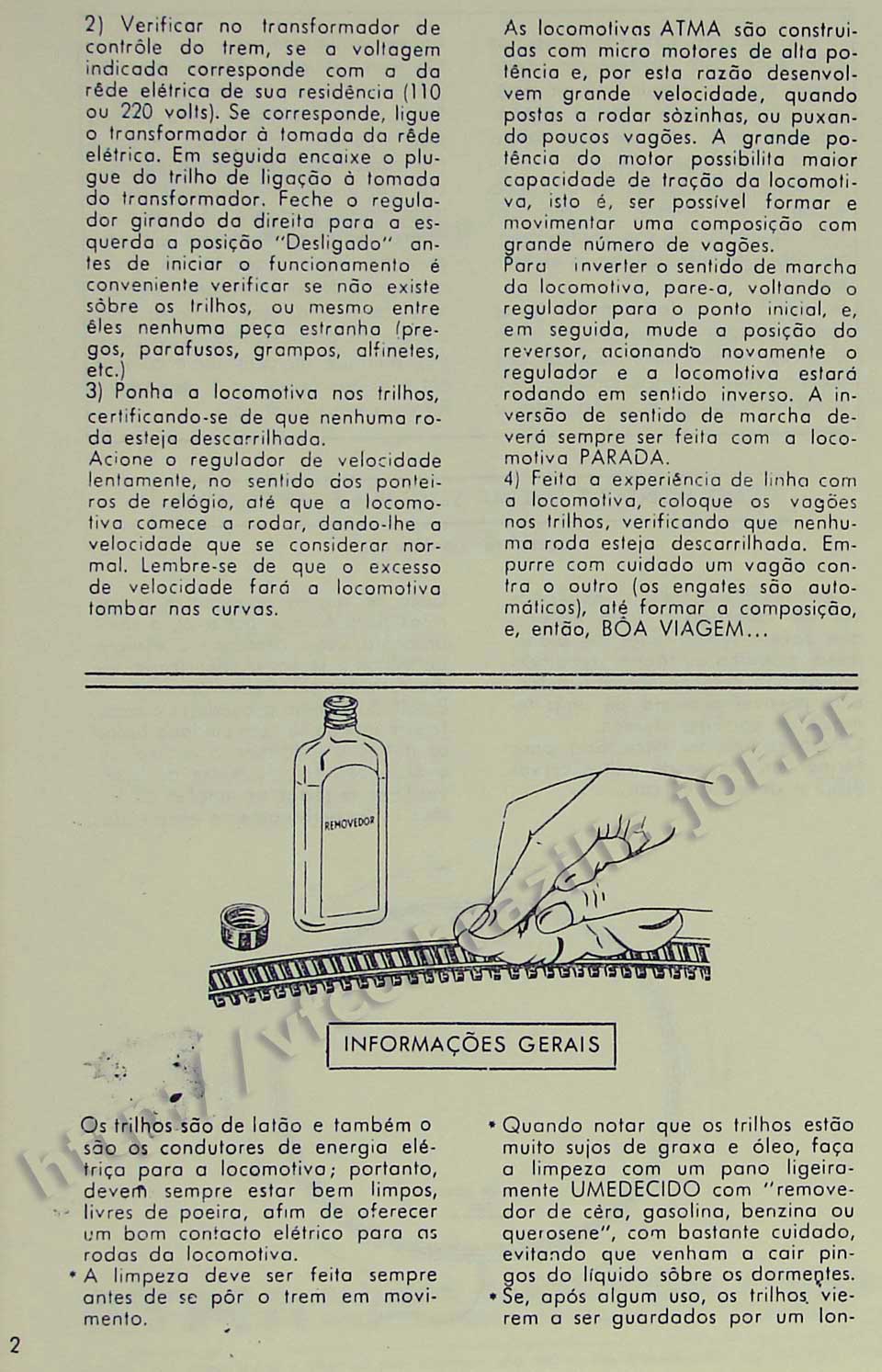 Cuidados básicos com as locomotivas e a limpeza dos trilhos, na Página 2 do manual "Como montar e operar seu trem elétrico Atma" para maquete de ferreomodelismo