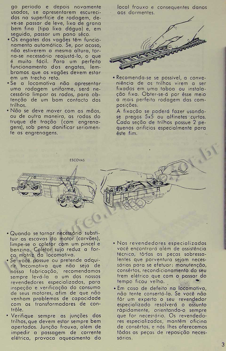 Solução de problemas comuns com locomotivas, trilhos e engates dos vagões, na Página 3 do manual "Como montar e operar seu trem elétrico Atma" para maquete de ferreomodelismo