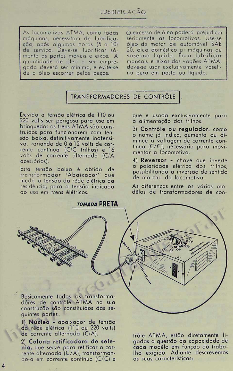 Lubrificação de locomotivas e características dos controladores, na Página 4 do manual "Como montar e operar seu trem elétrico Atma" para maquete de ferreomodelismo