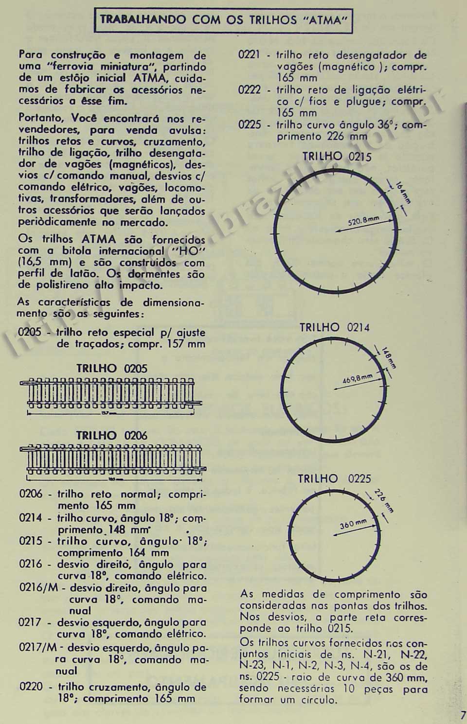 Medidas e ângulos dos trilhos na Página 7 do manual "Como montar e operar seu trem elétrico Atma" para maquete de ferreomodelismo