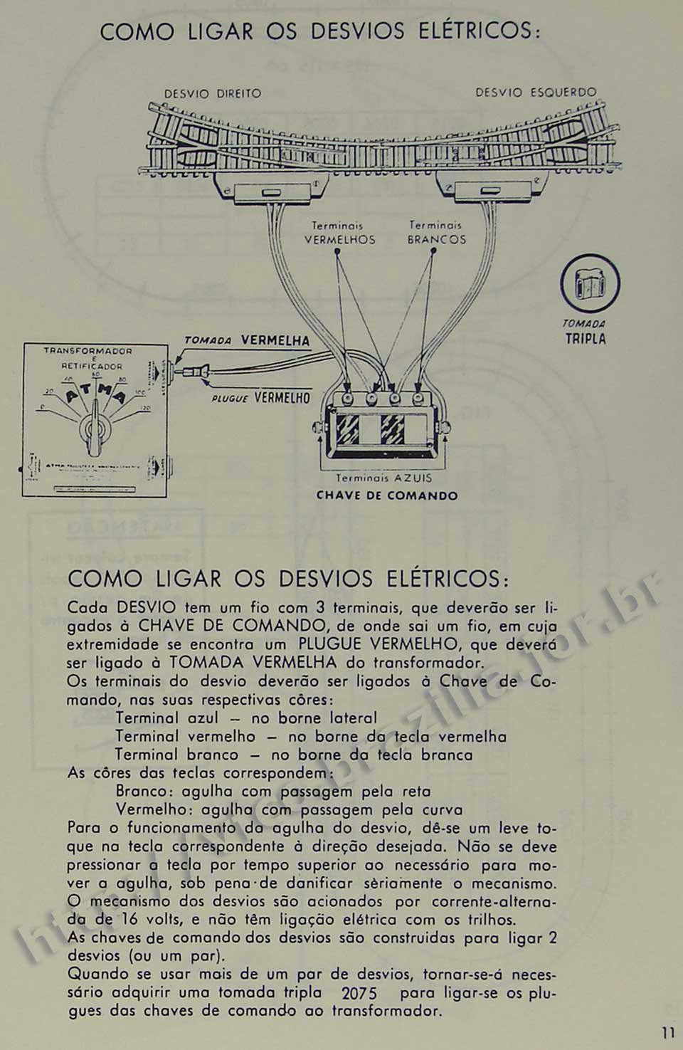 Ligações e chave de comando dos desvios, na Página 11 do manual "Como montar e operar seu trem elétrico Atma" para maquete de ferreomodelismo