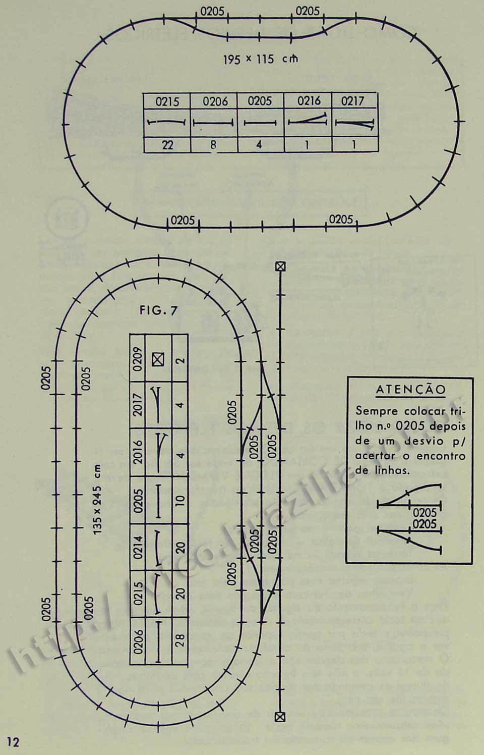 Traçados básicos com os trilhos na Página 12 do manual "Como montar e operar seu trem elétrico Atma" para maquete de ferreomodelismo