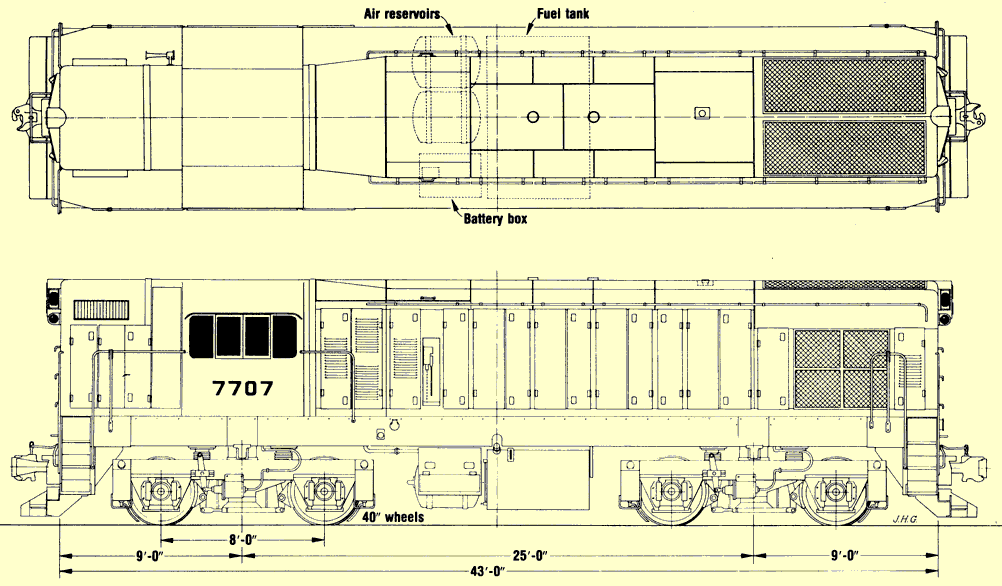 Planta e medidas de uma locomotiva G12, do livro Model Railroader Cyclopaedia