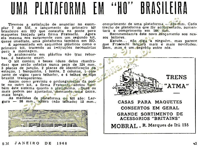 Fac-simile da notícia do lançamento da plataforma ferroviária Frateschi na Sport Modelismo, em 1968