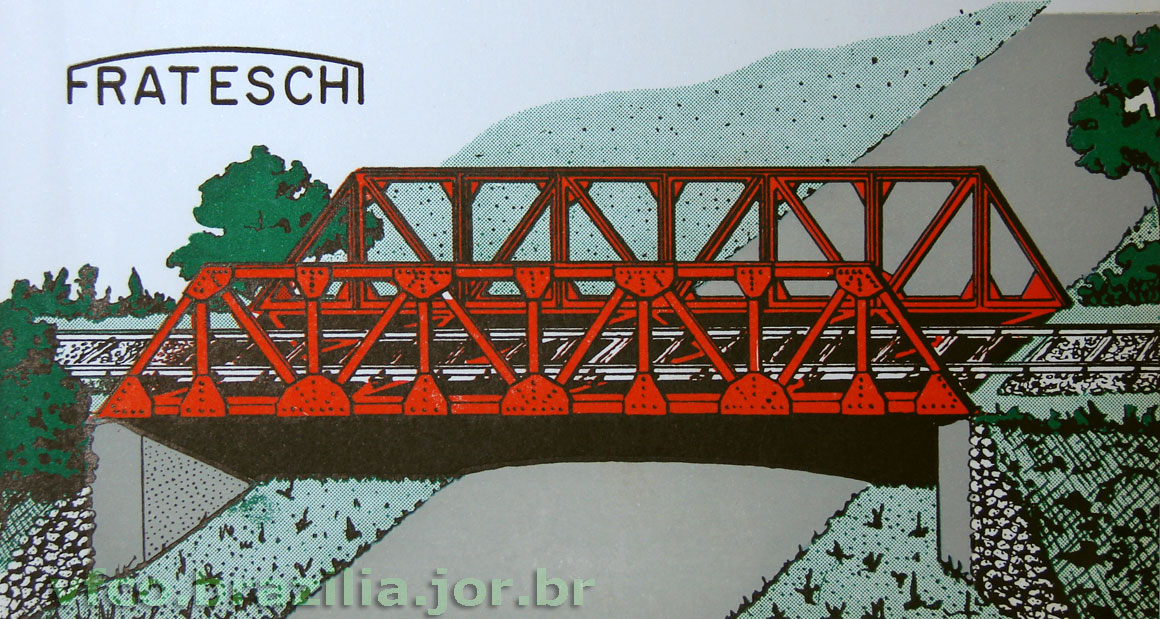 Antiga embalagem da primeira ponte metálica da Frateschi, ilustrada por um desenho tosco