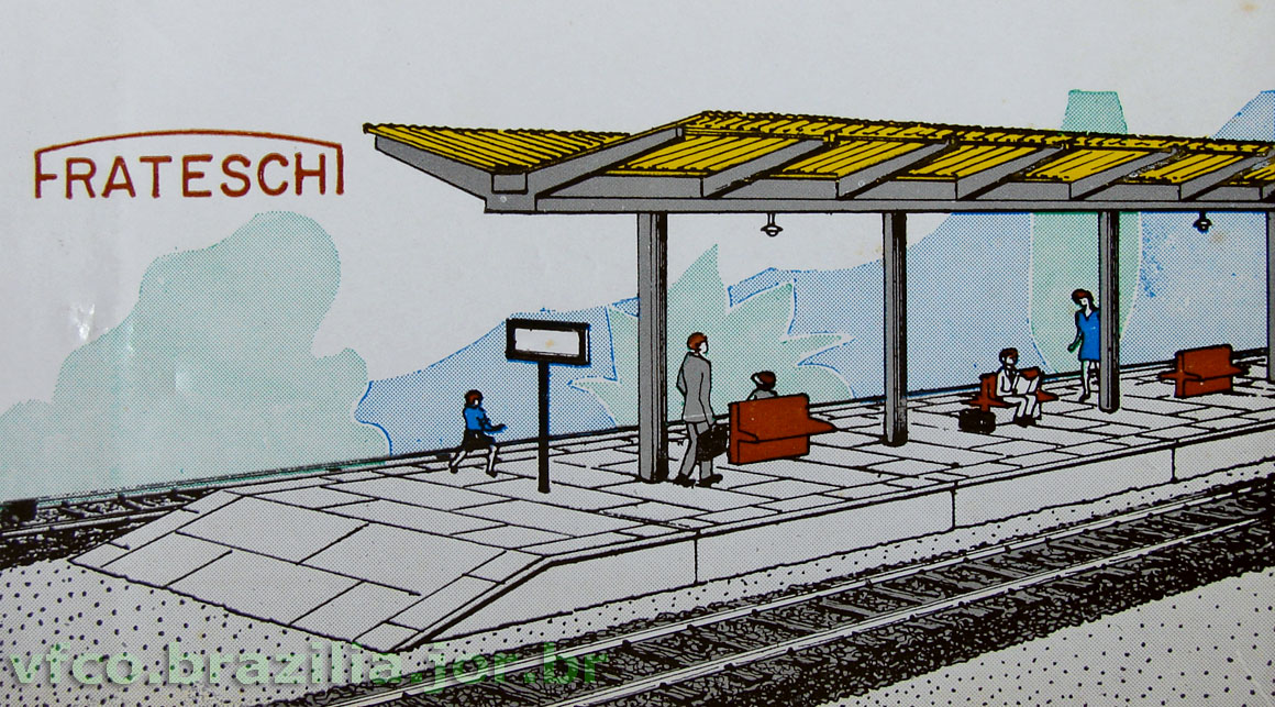 Ilustração tosca das antigas embalagens da plataforma ferroviária de passageiros da Frateschi