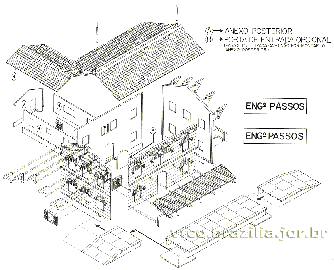 Esquema de montagem da estação ferroviária Frateschi de estilo antigo para maquetes de ferreomodelismo em escala HO