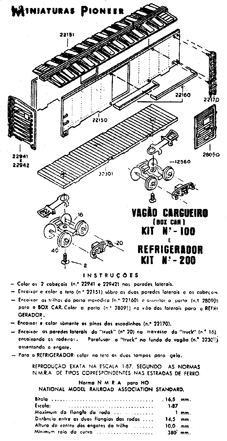 Folha de instruções para montagem dos vagões box e isotérmico da Miniaturas Pioneer - Ferreomodelismo