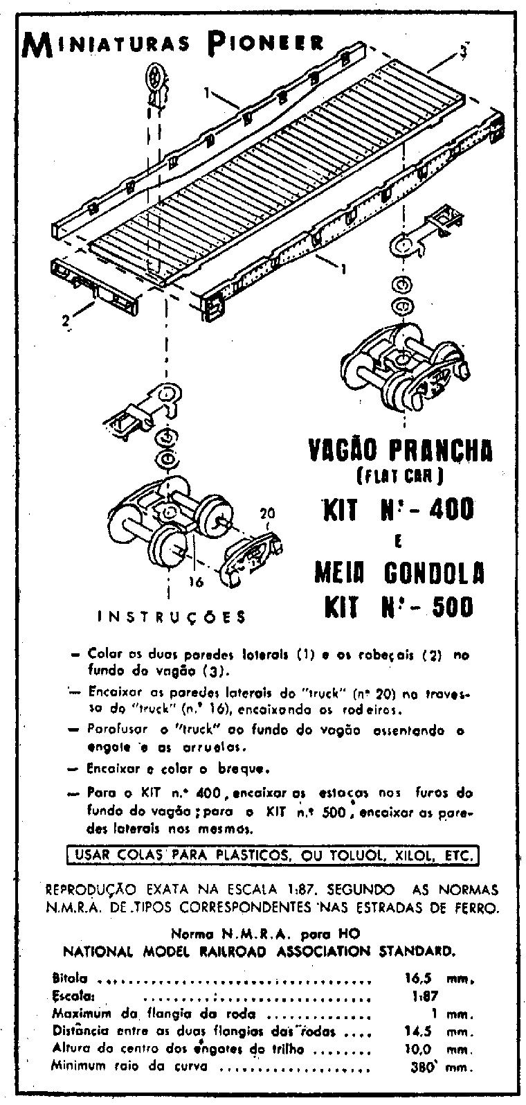 Folha de instruções para montagem dos vagões prancha e meia-gôndola da Miniaturas Pioneer - Ferreomodelismo