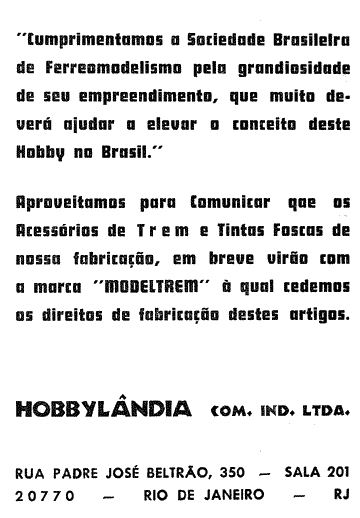 Anúncio da antiga Hobbylândia nos Estatutos da SBF - Sociedade Brasileira de Ferreomodelismo