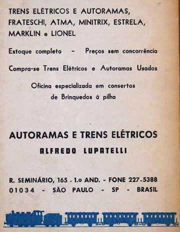 Anúncio de Alfredo Lupatelli - Autoramas e Trens Elétricos, nos Estatutos da SBF - Sociedade Brasileira de Ferreomodelismo
