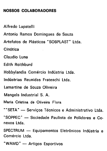 Colaboradores que patrocinaram a publicação dos Estatutos da SBF - Sociedade Brasileira de Ferreomodelismo