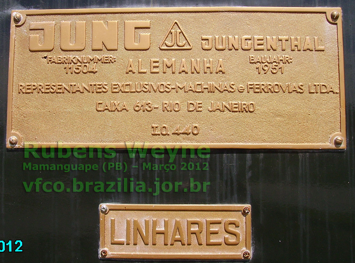 Placa da locomotiva Jung 0-6-0 T "Linhares", construída em 1951 na Alemanha por Jungenthal