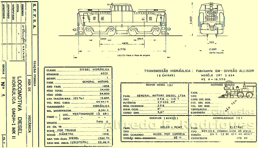 Desenho, medidas e especificações da locomotiva diesel-hidráulica GM DH-1 na planta da “Viação Férrea” / RFFSA