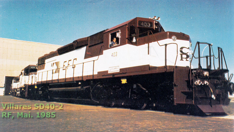 Uma das primeiras cinco locomotivas GM Villares SD40-2 construídas para a Estrada de Ferro Carajás, em 1985