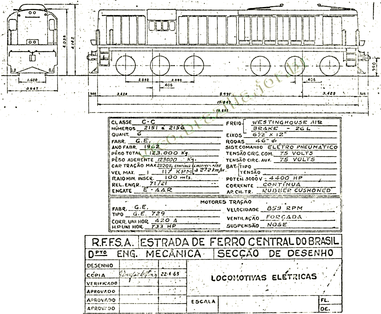 Desenho e características da Locomotiva elétrica Charutão, ou Carioquinha