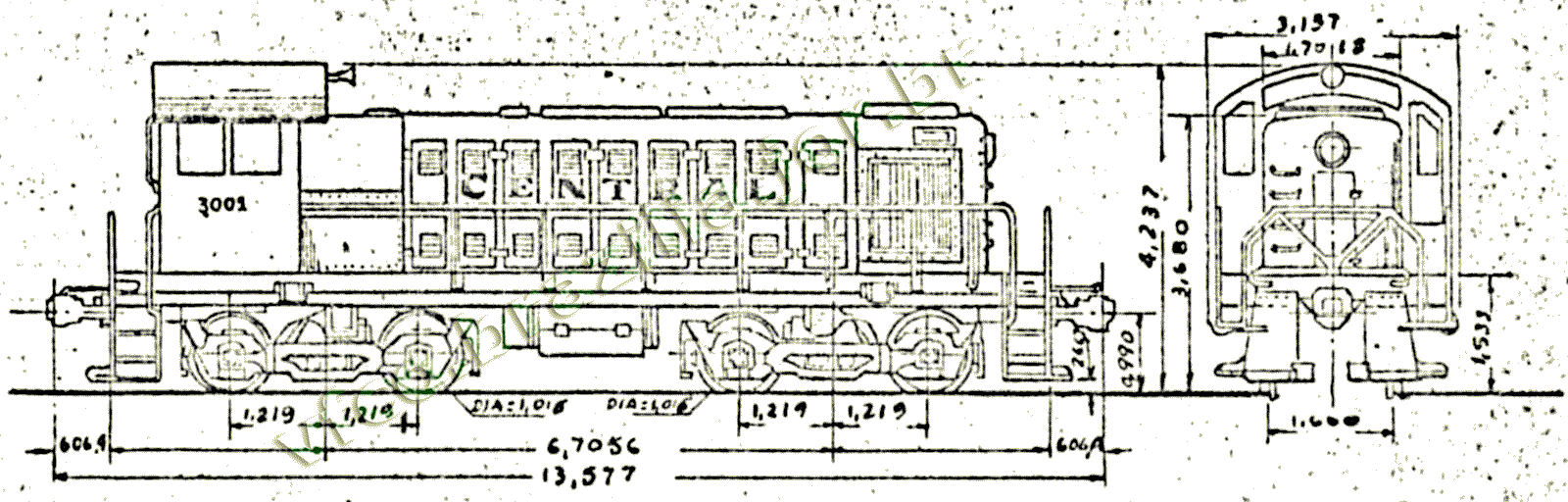 Desenho e medidas da Locomotiva Alco S-1