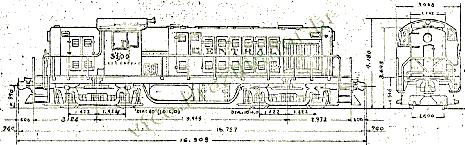 Desenho e medidas da Locomotiva Alco RS-1