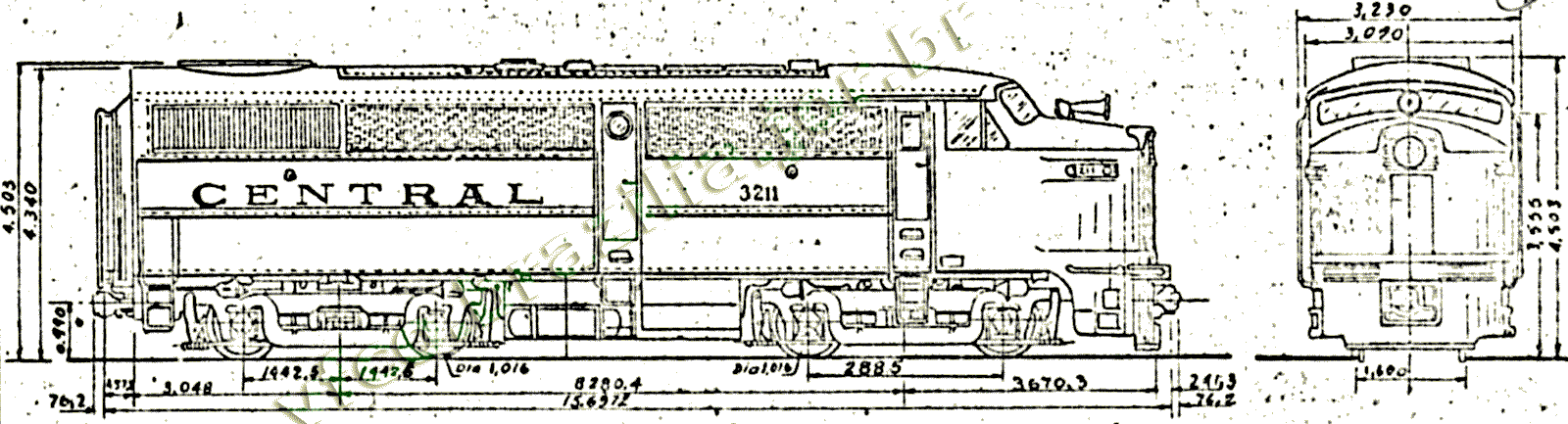 Desenho e medidas da Locomotiva Alco FA1