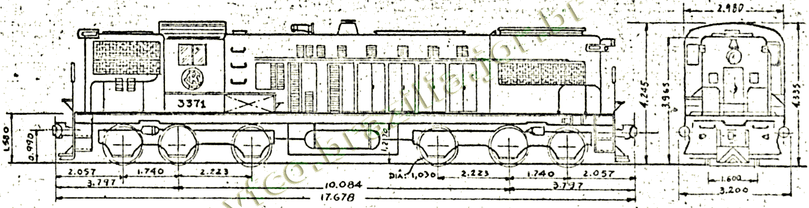 Desenho e medidas da locomotiva Baldwin AS616