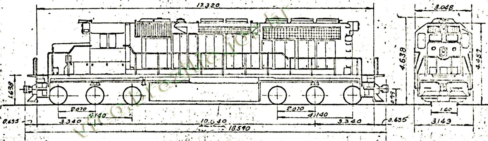Desenho e medidas da Locomotiva SD-40