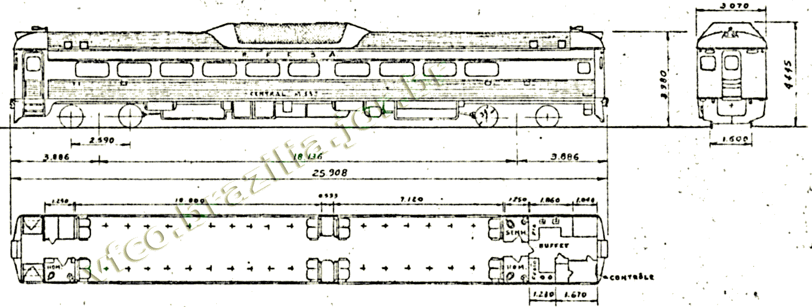 Desenho e medidas das Automotrizes (litorinas) Budd RDC M-552 e 553 da EFCB / RFFSA