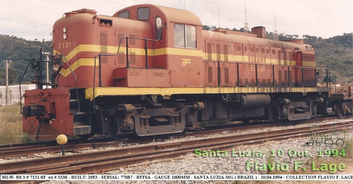 Locomotiva Alco (MLW) RS3 nº 7131-8F SR3 RFFSA em Santa Luzia (MG), 10 Out. 1994