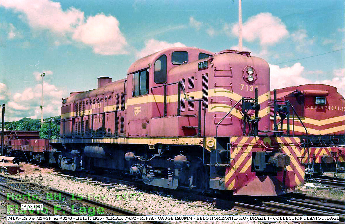 Locomotiva Alco (MLW) RS3 nº 7134-2F SR3 RFFSA em Belo Horizonte, 15 Fev. 1992