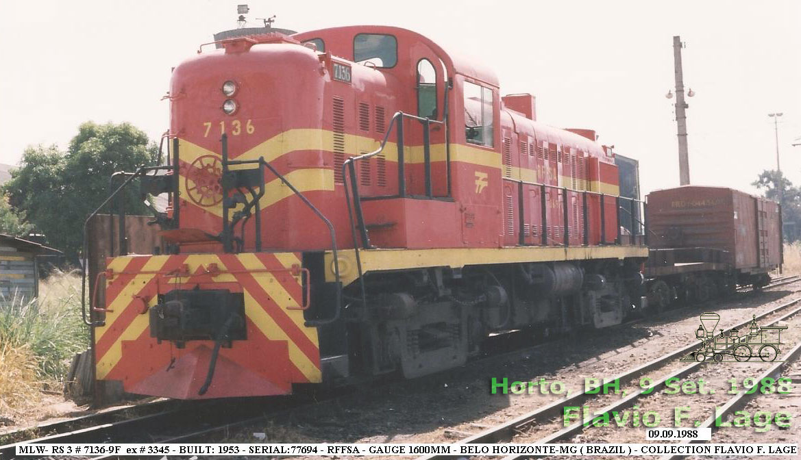 Locomotiva MLW RS3 nº 7136 (ex-nº 3345) da SR3 RFFSA em Set. 1988