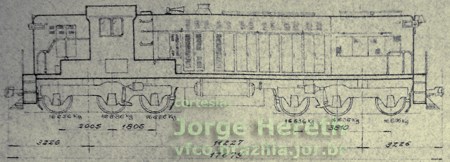 Desenho e medidas da locomotiva diesel-elétrica Baldwin AS616 da Estrada de Ferro Sorocabana