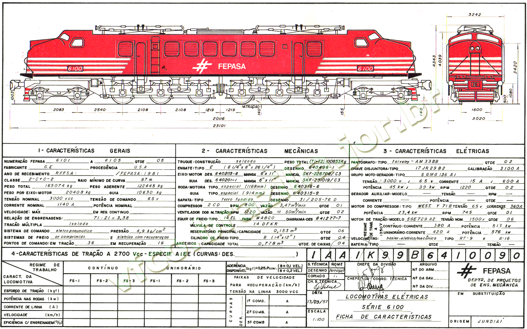 Desenho, medidas e características das locomotivas "V8" (ex-"Escandalosa") GE 2-C+C-2 nº 6101 a 6105 da Fepasa - Ferrovias Paulistas