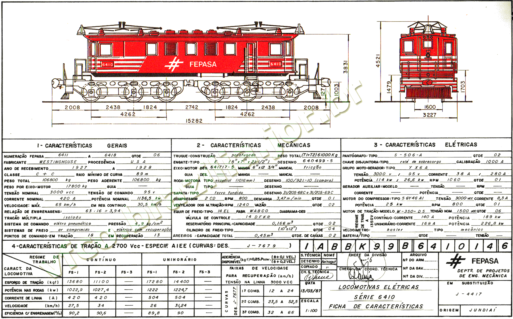 Desenho, medidas e características das locomotivas Westinghouse C+C "Box" nº 6411 a 6418 da Fepasa - Ferrovias Paulistas